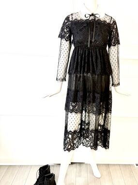 Soft Goth WEDNESDAY Black Lace Midi Dress Sheer Mesh Dark Feminine S/M NWOT